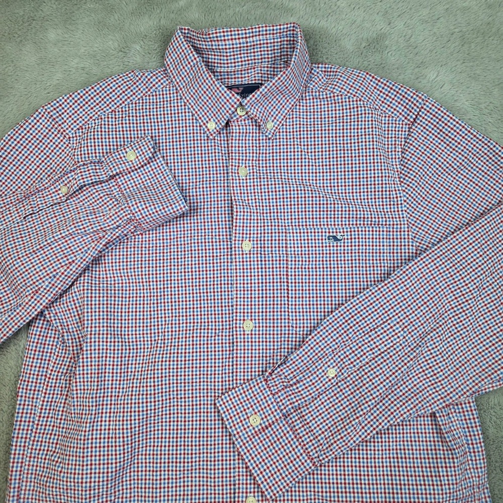Vineyard Vines Gingham Button Down Shirt Mens M Long Sleeve Stretch Red Blue Wht